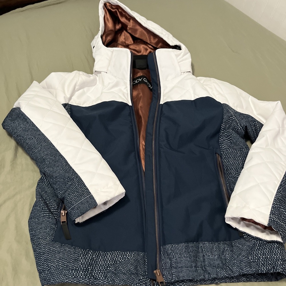 Body Glove Women's Quilted Hooded Jacket White Navy Full Zip Mid-Length Sz M